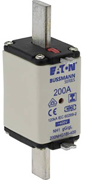 Coupe-circuit NH Bussmann Series 200A d'Eaton, homologué pour 690V AC. Design industriel rectangulaire avec connexions sur rail métallique.