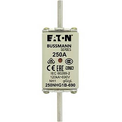 Protection de la marque Eaton Bussmann Series avec un courant nominal de 250A. Caractéristiques : IEC 60269-2, 120kA-690V. Numéro de modèle : 250NHG1B-690.