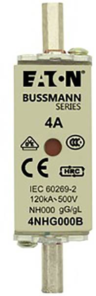 Fusible de la série Eaton Bussmann de 4A. Marquages : CEI 60269-2, 120kA-500V, NH000, 9gG/L, 4NHG000B.