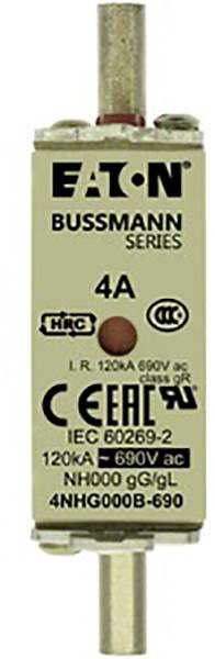 Protection céramique de la marque Eaton Bussmann Series. Étiquetée '4A', avec marquage 'CE' et spécifications électriques jusqu'à 690V.