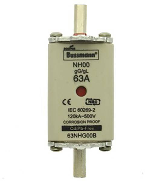 'Fusible NH00 gG/gL 63A, marque Bussmann, certification CE, IEC 60269-2, 120kA-500V, sans cadmium ni plomb, référence article 63NHG00B.'