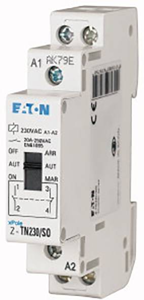 Un module électronique blanc d'Eaton pour 230V AC avec les positions d'interrupteur 'AUTO', 'MARCHE', 'MAN', 'ARRÊT'.
