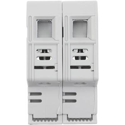 Deux pièces en plastique gris avec des découpes rectangulaires et des attaches métalliques, probablement des adaptateurs de montage ou des supports.