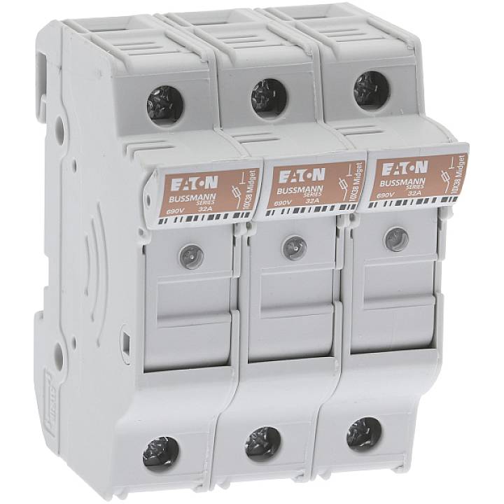 Un disjoncteur tripolaire Eaton, type Bussmann, pour 690V courant alternatif. Il est destiné à protéger les circuits électriques.