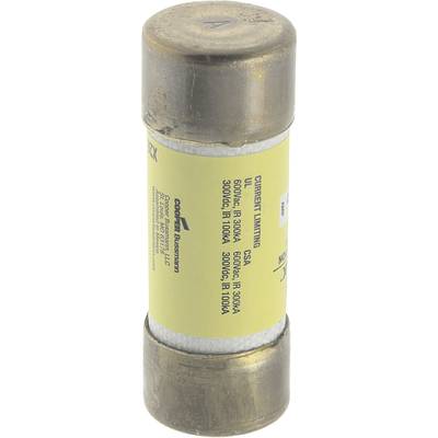 Fusible cylindrique avec étiquette jaune, indiquant les spécifications techniques telles que la tension et l'intensité du courant.