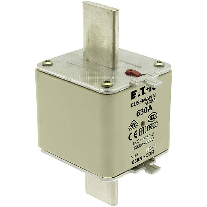 'NH3 Fusible 630A, série Bussmann d'Eaton, avec marquage CE et RoHS, type collecteur, tension 120kA-500V.'