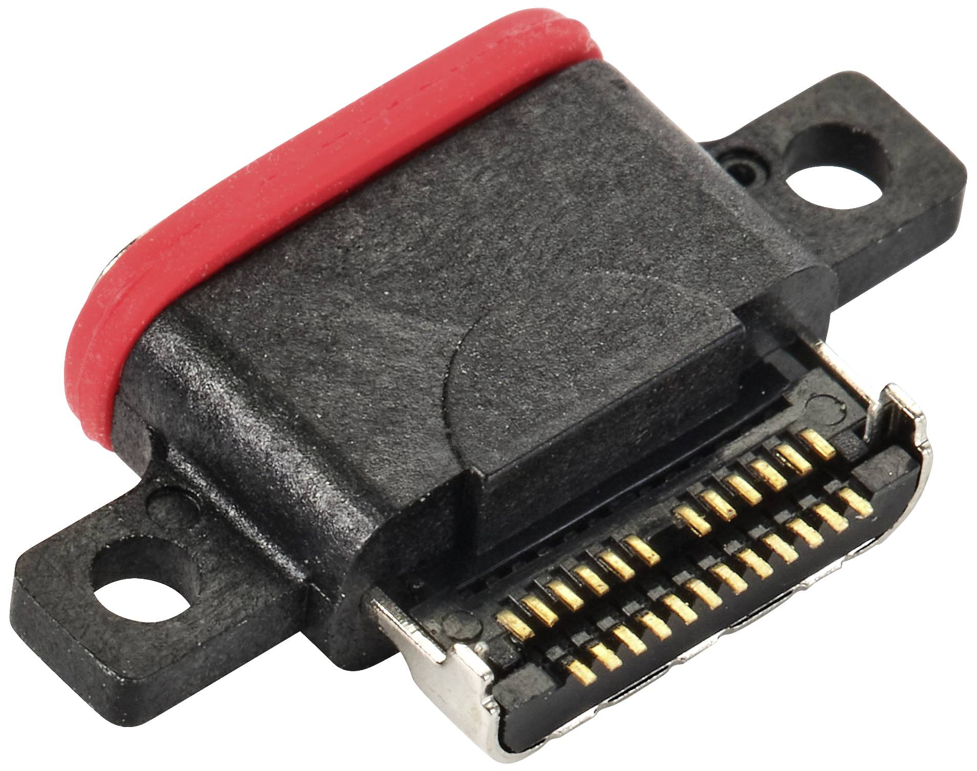 Un connecteur noir avec une bande rouge et des contacts dorés. Il possède deux trous de fixation.