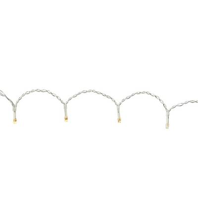 Une rangée de guirlandes lumineuses blanches, uniformément réparties et éteintes, sur un fond blanc.