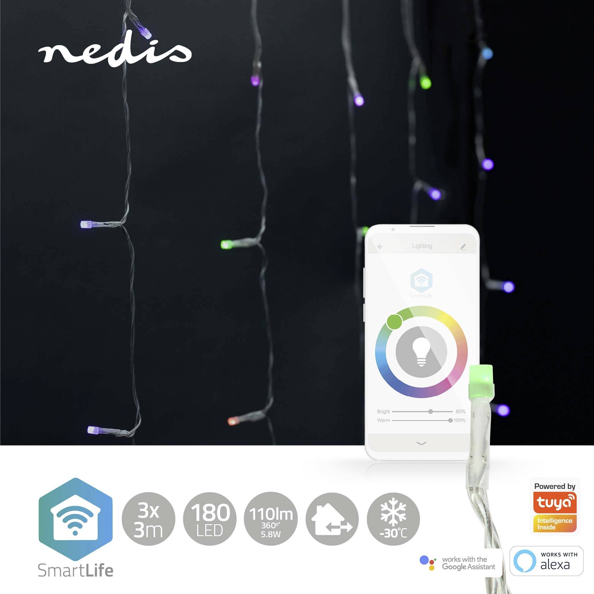 Guirlande lumineuse avec des LED colorées dans une pièce sombre. Un smartphone affiche l'application de contrôle de la couleur des lumières. Compatible avec Google Assistant et Alexa.