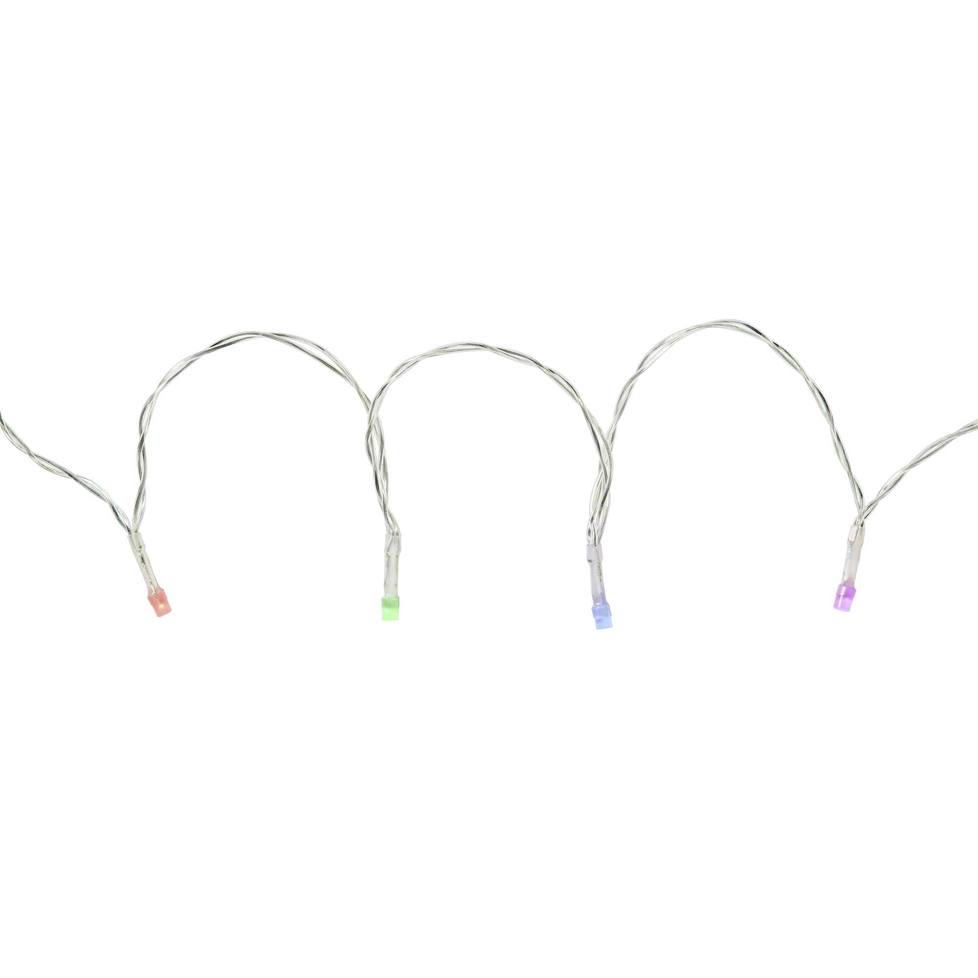 Guirlande lumineuse colorée en forme de vague avec de petites lumières LED de différentes couleurs, sur fond blanc.
