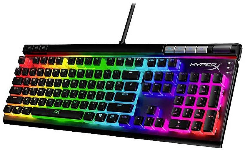 Un clavier mécanique avec des touches rétroéclairées LED aux couleurs arc-en-ciel. Boîtier noir avec connexion filaire.