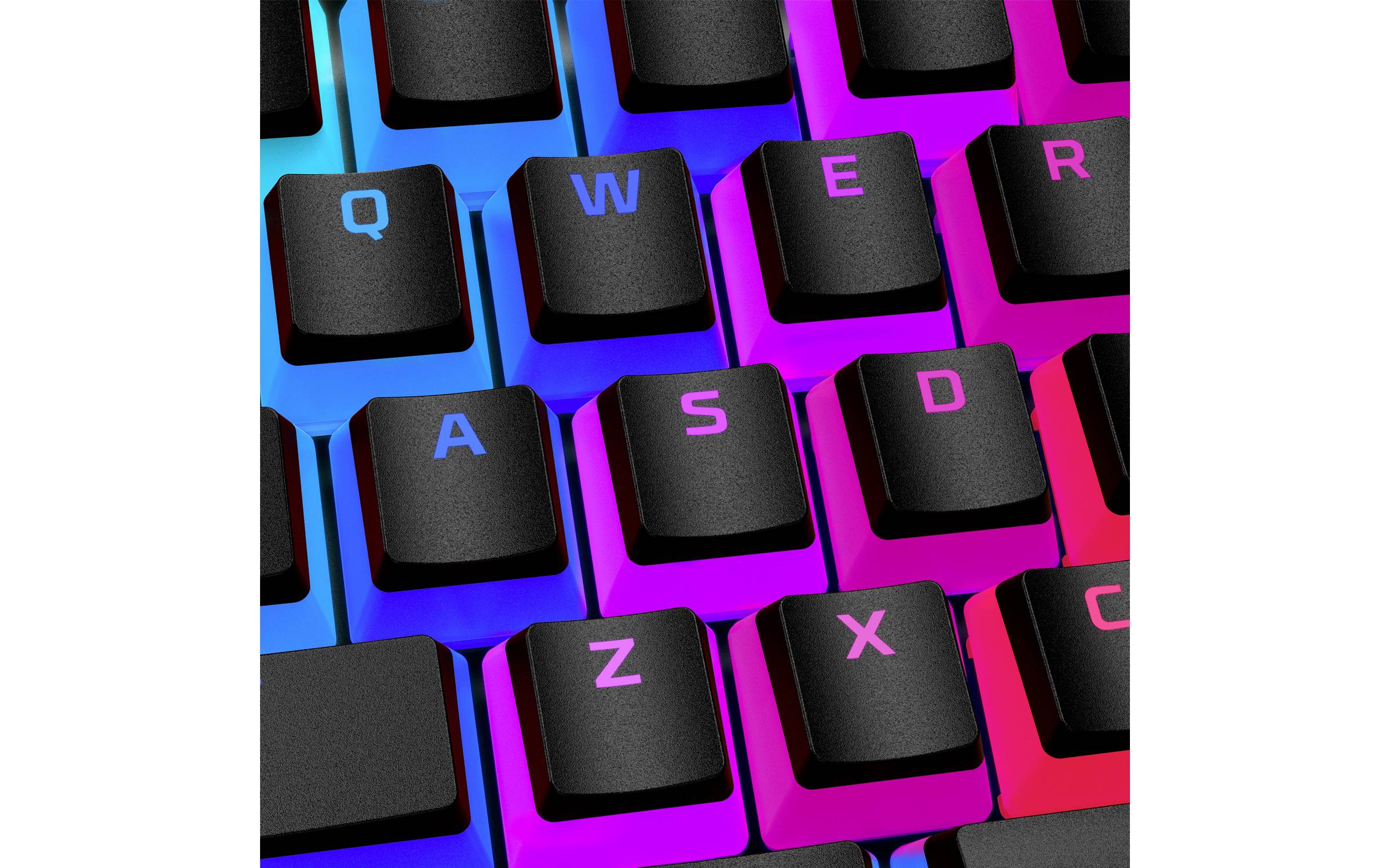 Gros plan sur un clavier d'ordinateur rétroéclairé, avec les lettres QWER et ASDZXC mises en évidence.