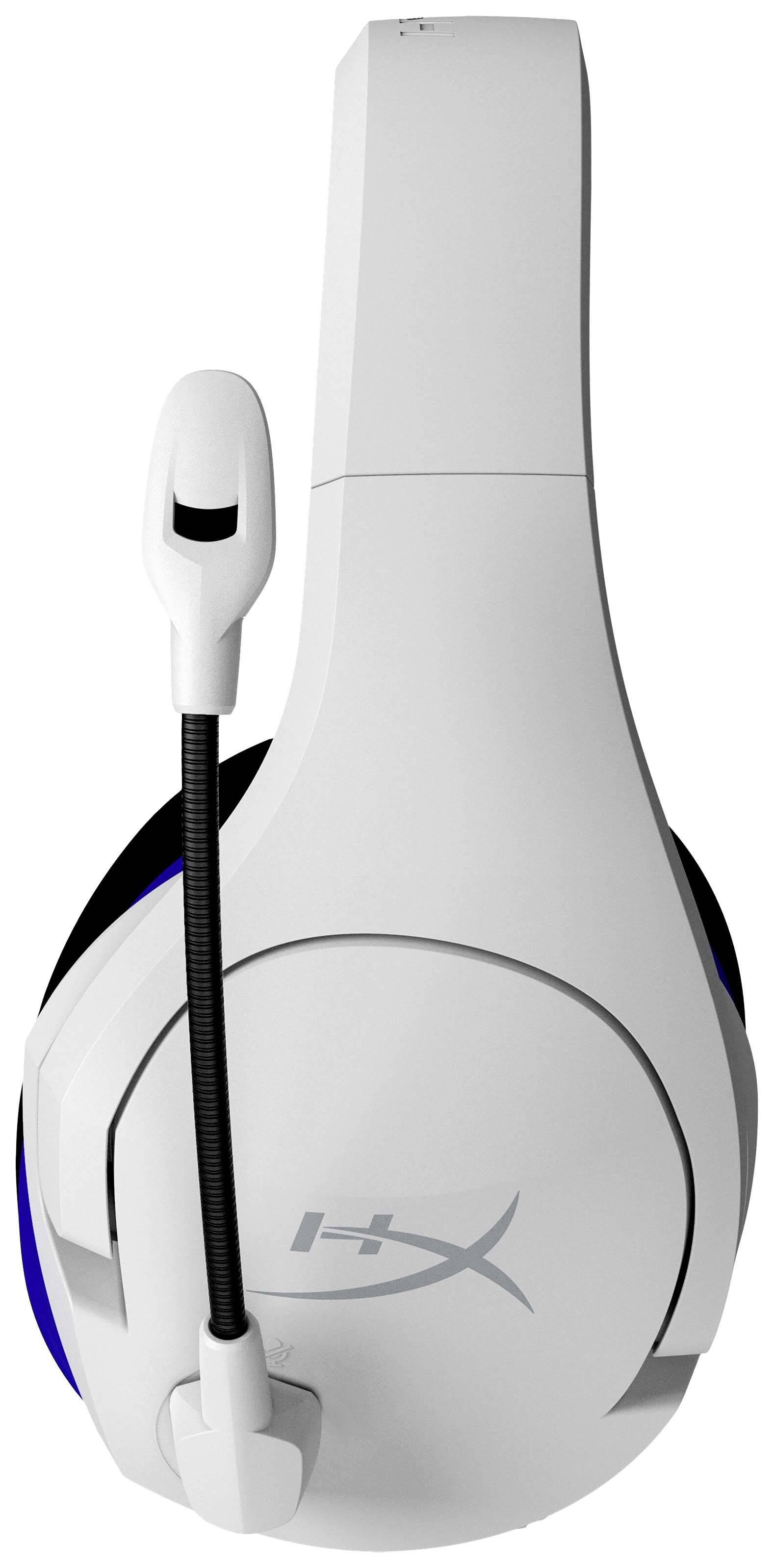 Casque de gaming blanc avec microphone, présenté de côté. Logo de marque sur le pavillon de l'oreille. Adapté pour la communication entre gamers.