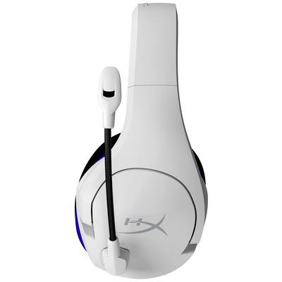 Casque de gaming blanc avec microphone, présenté de côté. Logo de marque sur le pavillon de l'oreille. Adapté pour la communication entre gamers.