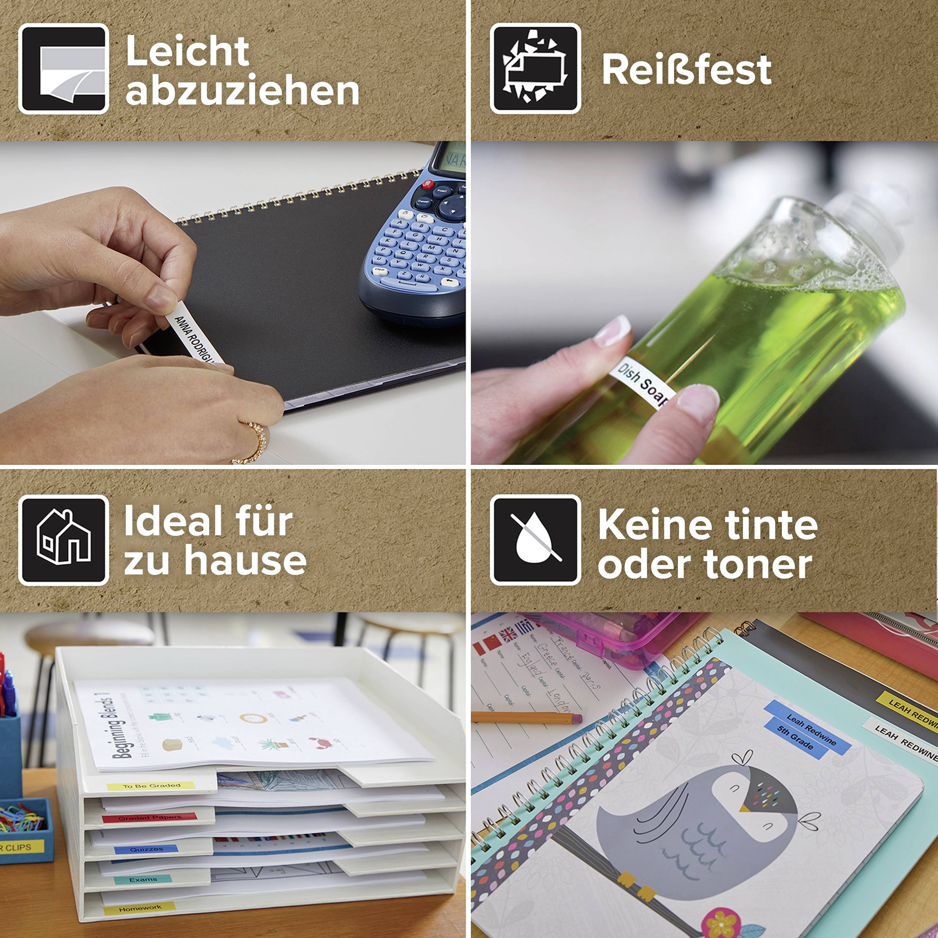 Quatre images illustrent des applications d'étiquettes : faciles à décoller, résistantes, idéales pour la maison et ne nécessitant pas d'encre.