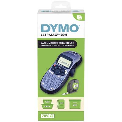 Boîte de l'imprimante d'étiquettes DYMO LetraTag 100H. Montre l'appareil avec un clavier et un écran. Comprend un ruban.