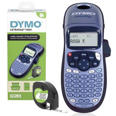 Imprimante d'étiquettes DYMO LetraTag 100H, avec écran digital et clavier, à côté d'un paquet d'étiquettes en papier.