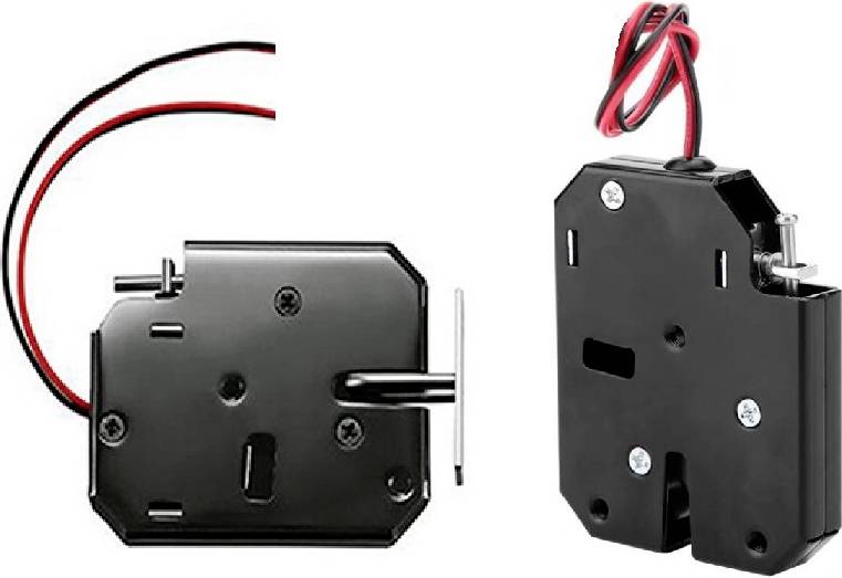 Serrure électrique avec deux boîtiers noirs et des câbles rouges, chacun pourvu de trous de fixation et d'un mécanisme de verrouillage.