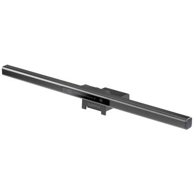Une lampe de moniteur noire avec panneau de commande tactile et clip ajustable pour fixation sur les écrans. Idéale pour un éclairage qui ménage les yeux.