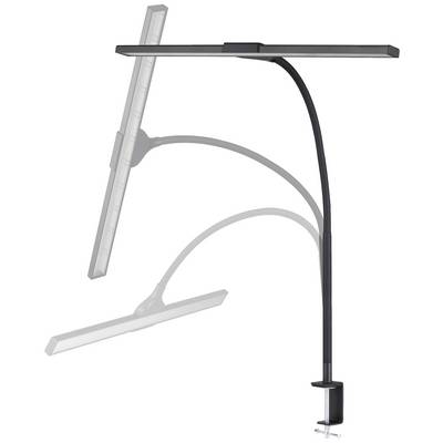 Lampe de bureau LED noire avec support long et flexible, munie d'une pince de fixation pour l'attacher au bord de la table. Idéale pour un éclairage précis.