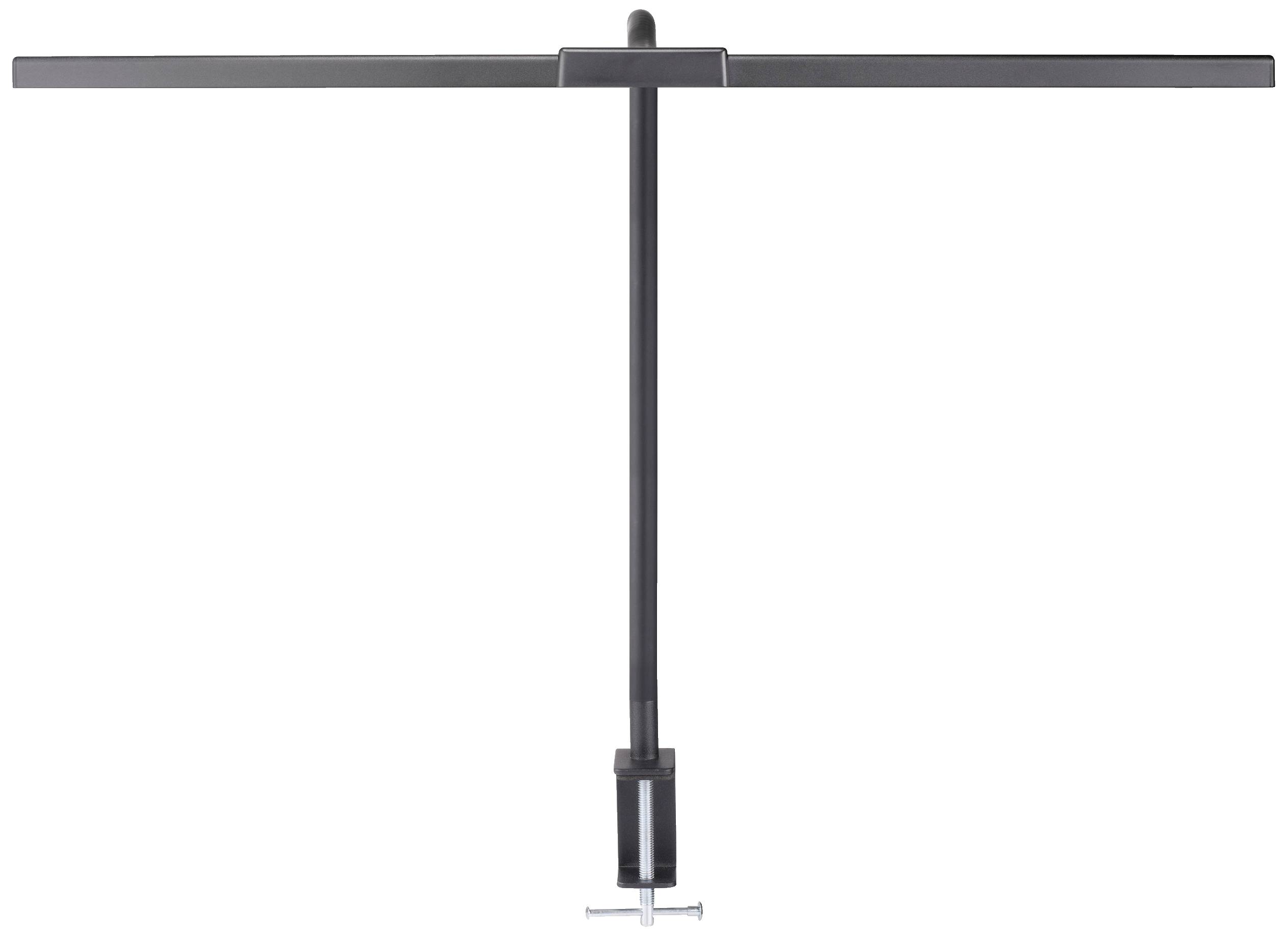 Lampe de bureau noire avec longue barre lumineuse horizontale et pince de fixation à la table. Design minimaliste.