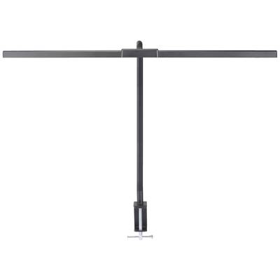 Lampe de bureau noire avec longue barre lumineuse horizontale et pince de fixation à la table. Design minimaliste.