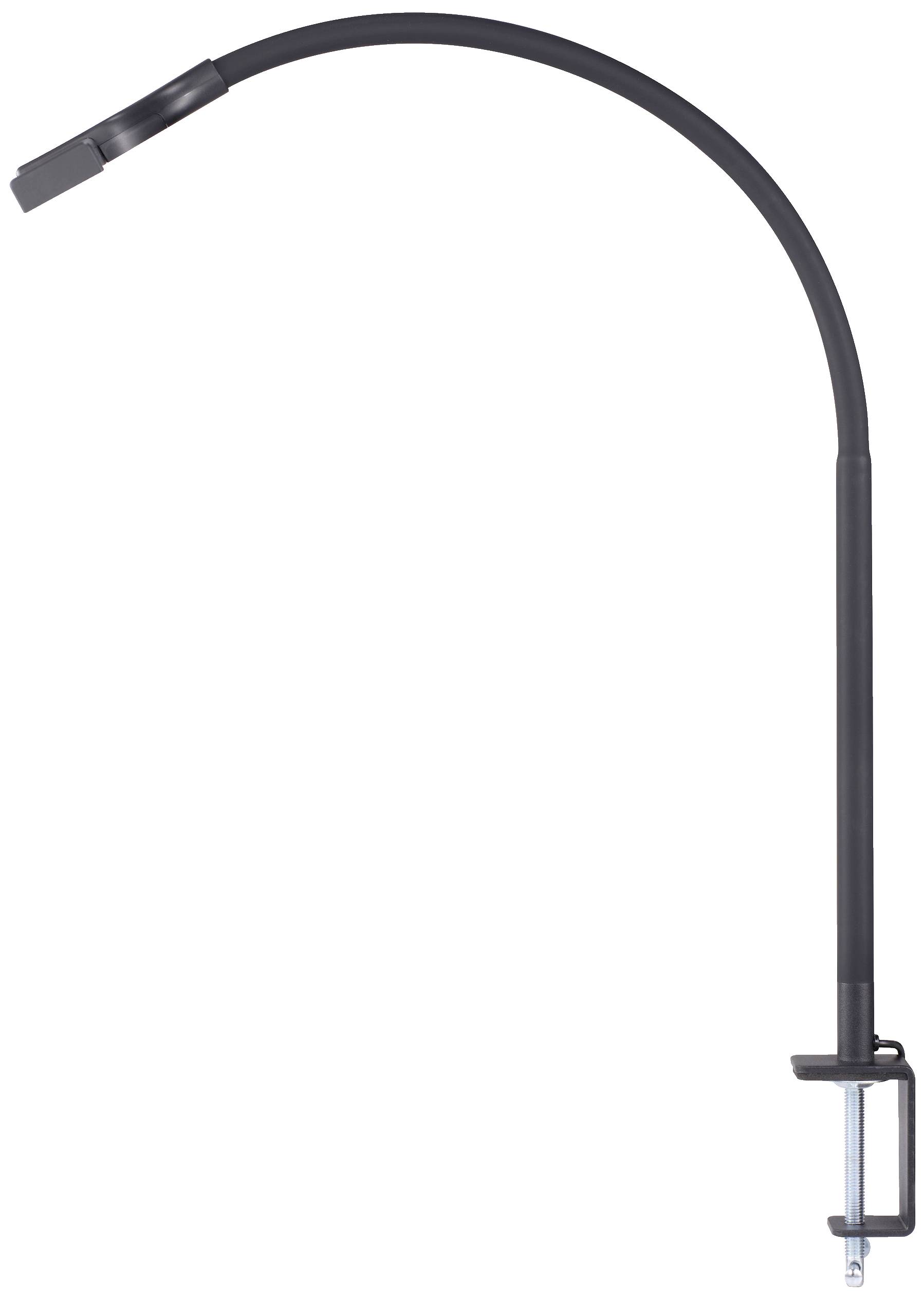 Bras de lampe incurvé noir avec pince, adapté pour une fixation sur des tables. Idéal pour des solutions d'éclairage flexibles.