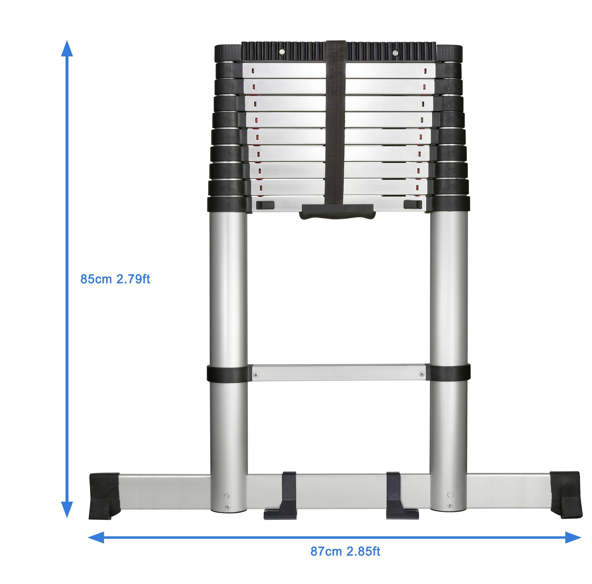 Échelle télescopique en aluminium avec embouts antidérapants. Hauteur : 85 cm, Largeur : 87 cm. Adaptée à une utilisation polyvalente.