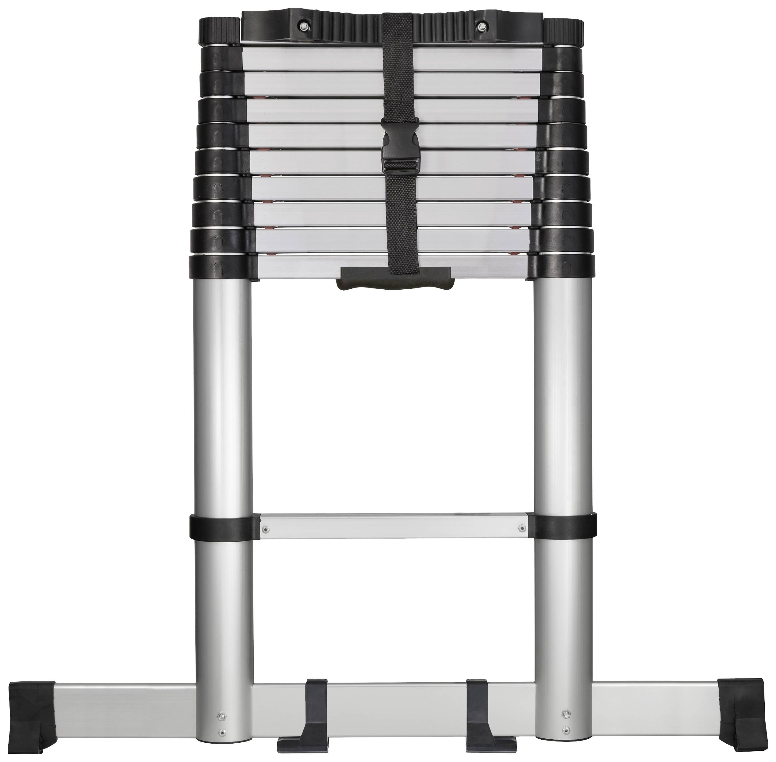 Échelle télescopique en aluminium avec sangle noire et pieds antidérapants, adaptée aux travaux en hauteur.