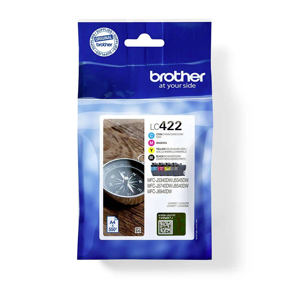 Cartouche 'LC422' de Brother, compatible avec les modèles d'imprimantes MFC-J5340DW/J6540DW/J5740DW/J6940DW ; Couleur : Cyan. Emballage avec le logo Brother.