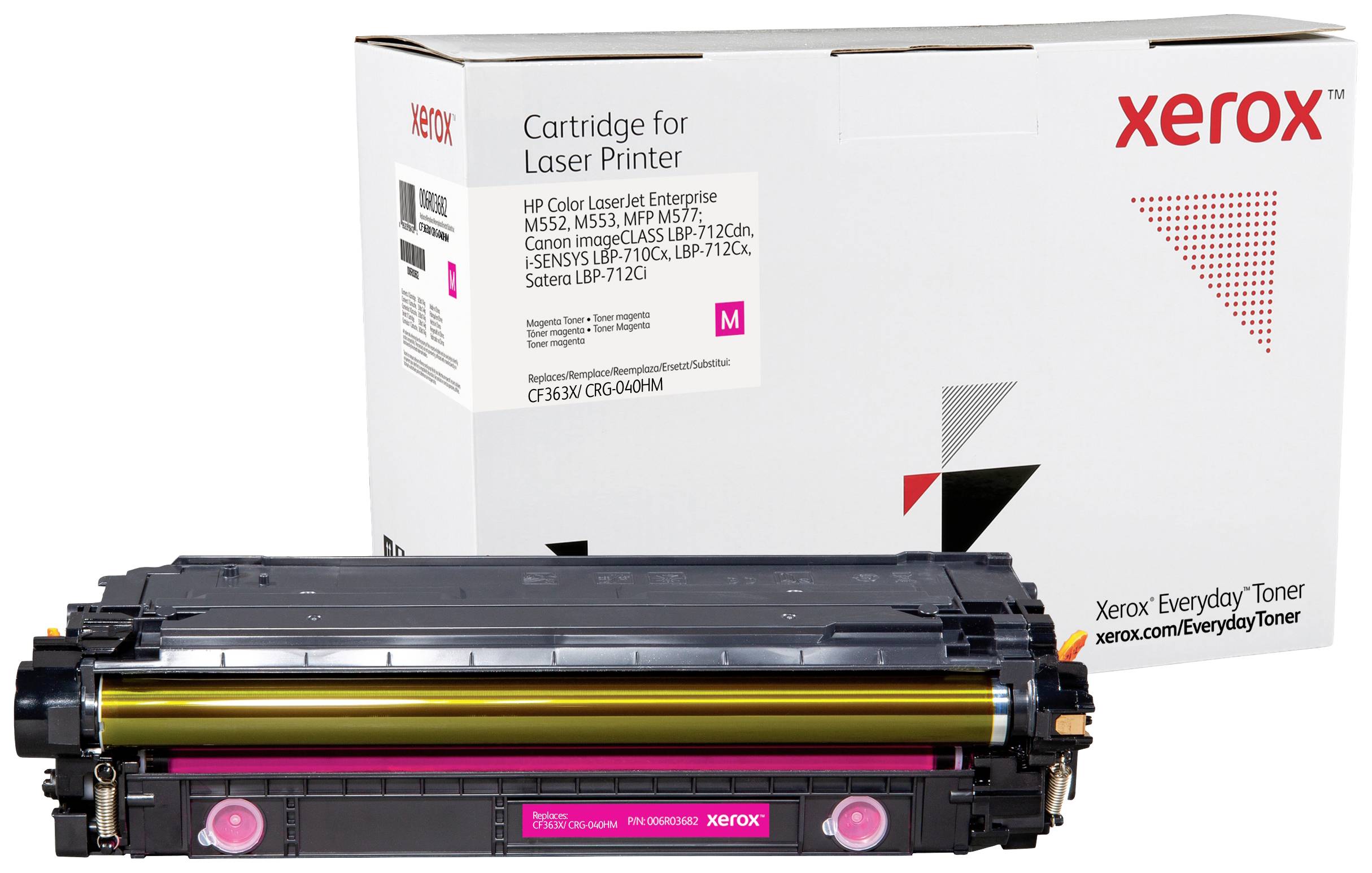 Cartouche de toner laser Xerox avant emballage ; compatible avec divers modèles HP et Canon ; Numéro de modèle : 006R04389.