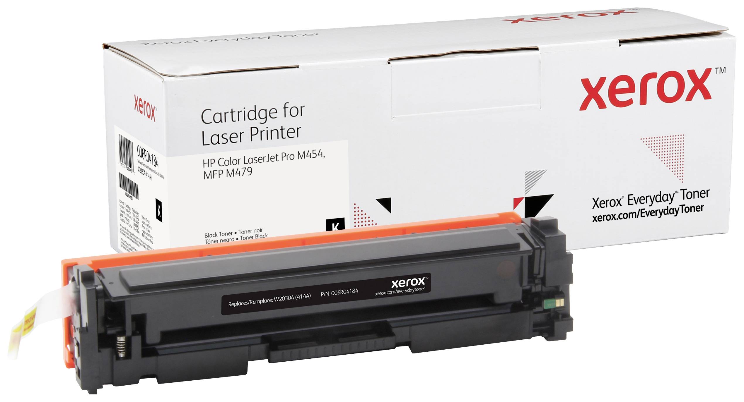 Cartouche de toner Xerox pour imprimante laser à côté de son emballage, compatible avec HP Color LaserJet Pro M454, MFP M479, pour une utilisation quotidienne.