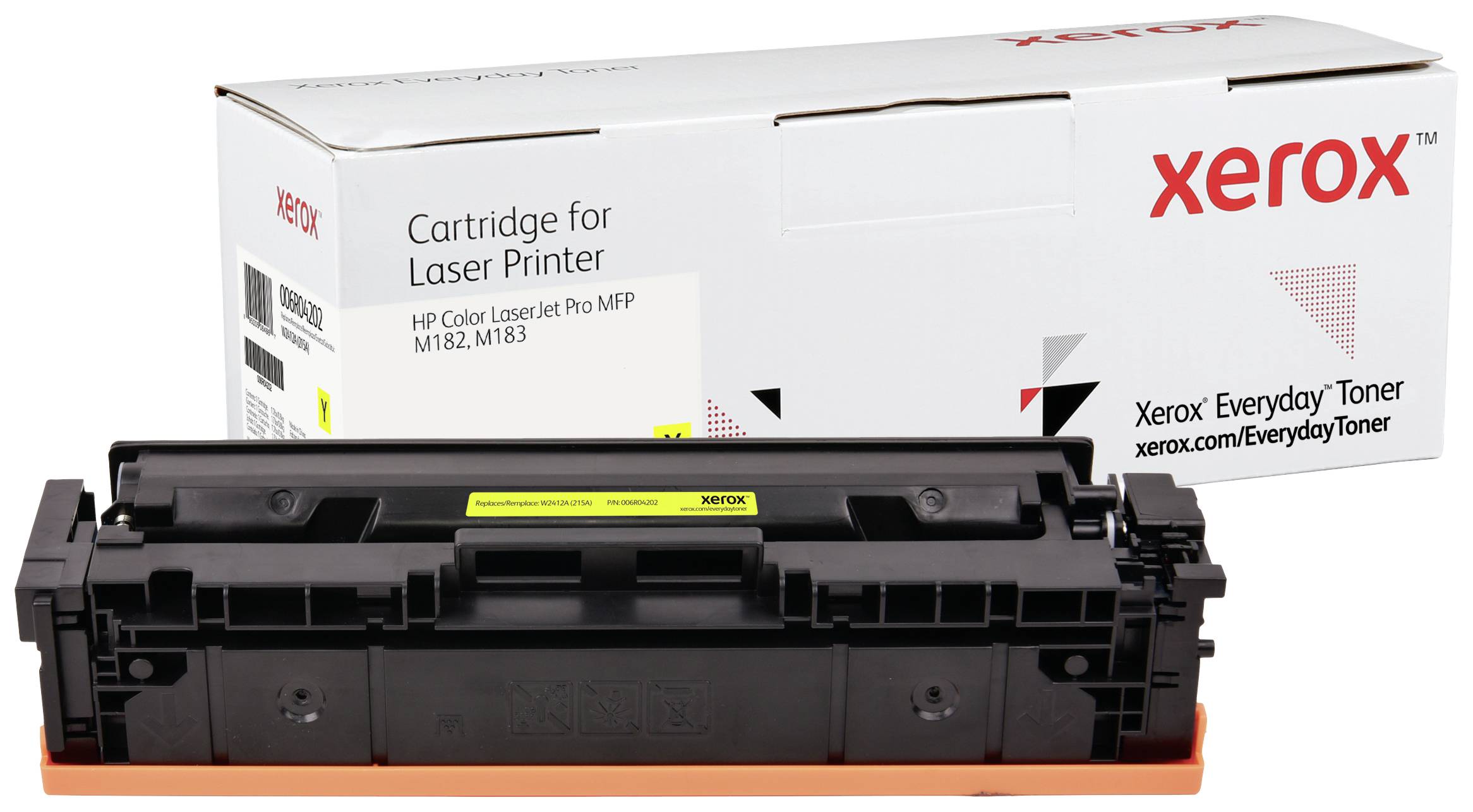 Cartouche de toner Xerox pour HP Color LaserJet Pro MFP M182, M183 devant l'emballage avec le logo Xerox.