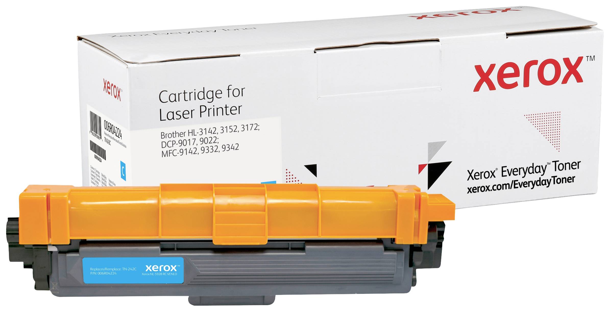 Une cartouche de toner Xerox et son emballage. Texte sur la boîte : « Cartridge for Laser Printer ». Adaptée à différents modèles d'imprimantes.