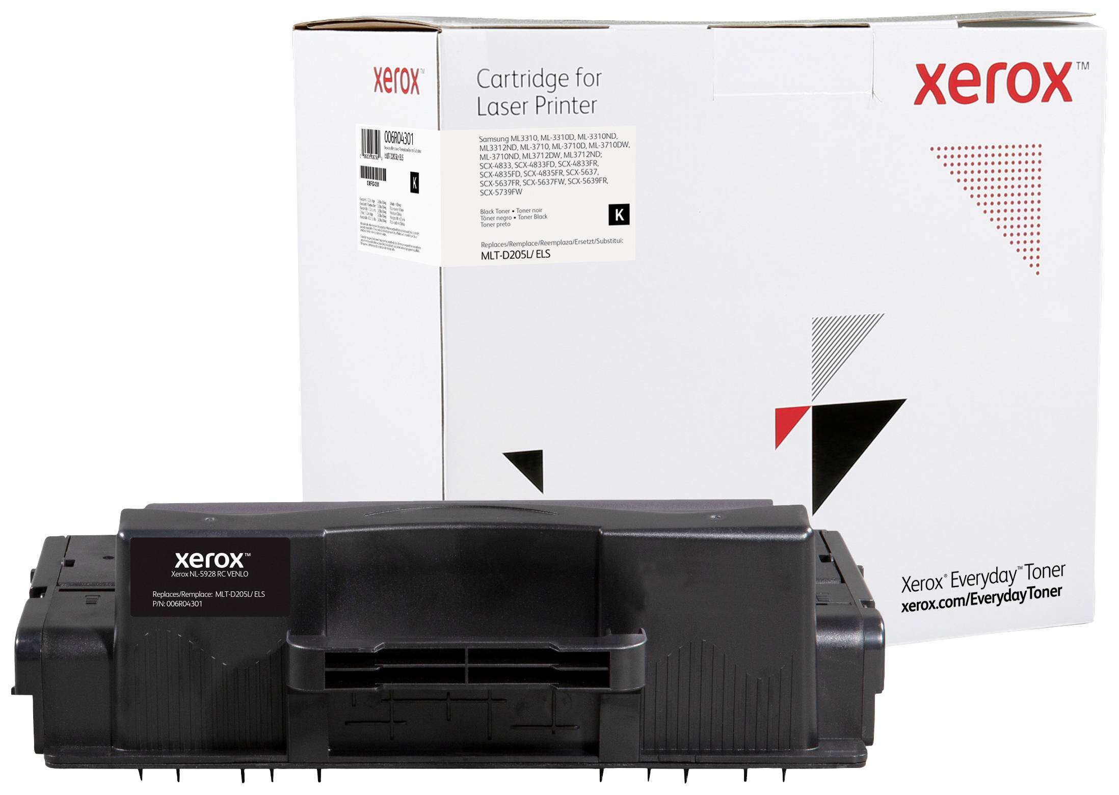Cartouche de toner noir Xerox à côté de son emballage portant l'inscription « Cartridge for Laser Printer ». Adaptée aux imprimantes laser Xerox.