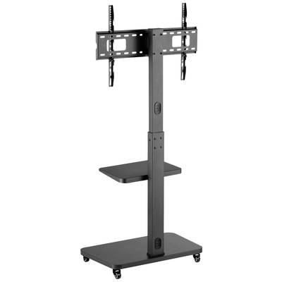 Support mobile TV noir avec roulettes et support d'écran réglable en hauteur. Comprend deux étagères pour accessoires.