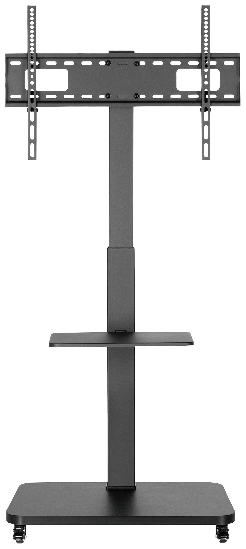 Un support de télévision noir sur roulettes avec un support réglable en hauteur et une étagère centrale. Adapté pour les écrans.