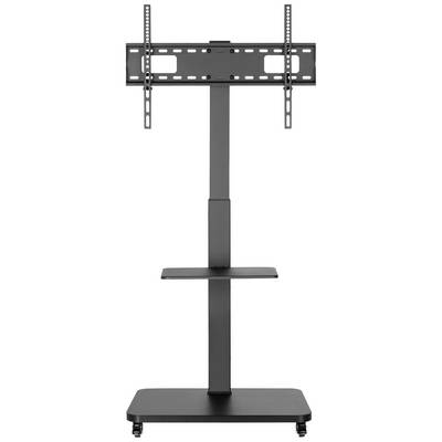 Un support de télévision noir sur roulettes avec un support réglable en hauteur et une étagère centrale. Adapté pour les écrans.