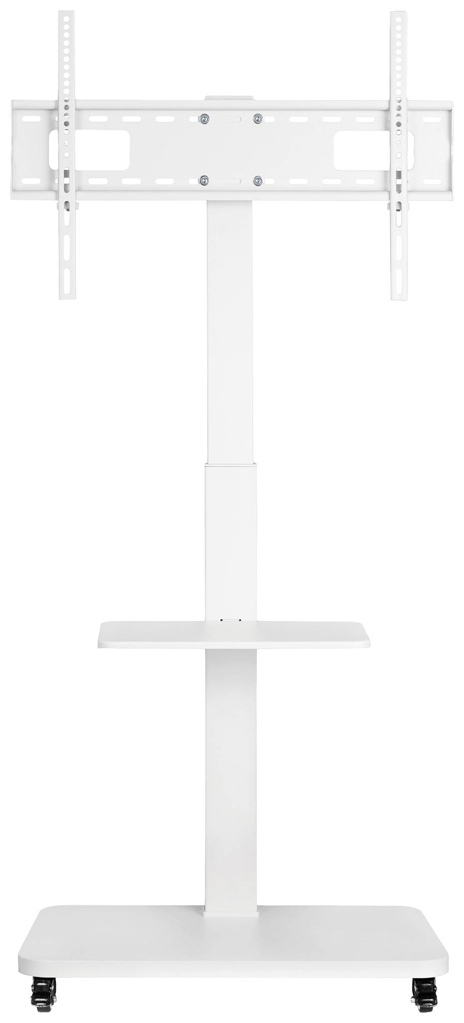 Support de téléviseur blanc avec réglage en hauteur et roulettes, adapté aux téléviseurs à écran plat.