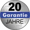 "20 ans de garantie" est écrit en noir et bleu sur un fond rond gris.