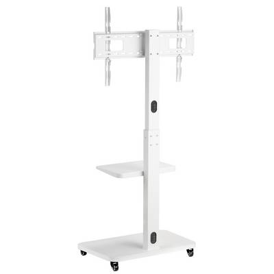 Support TV blanc sur roulettes avec support réglable et surface de rangement supplémentaire en bas. Idéal pour une utilisation flexible de l'espace.