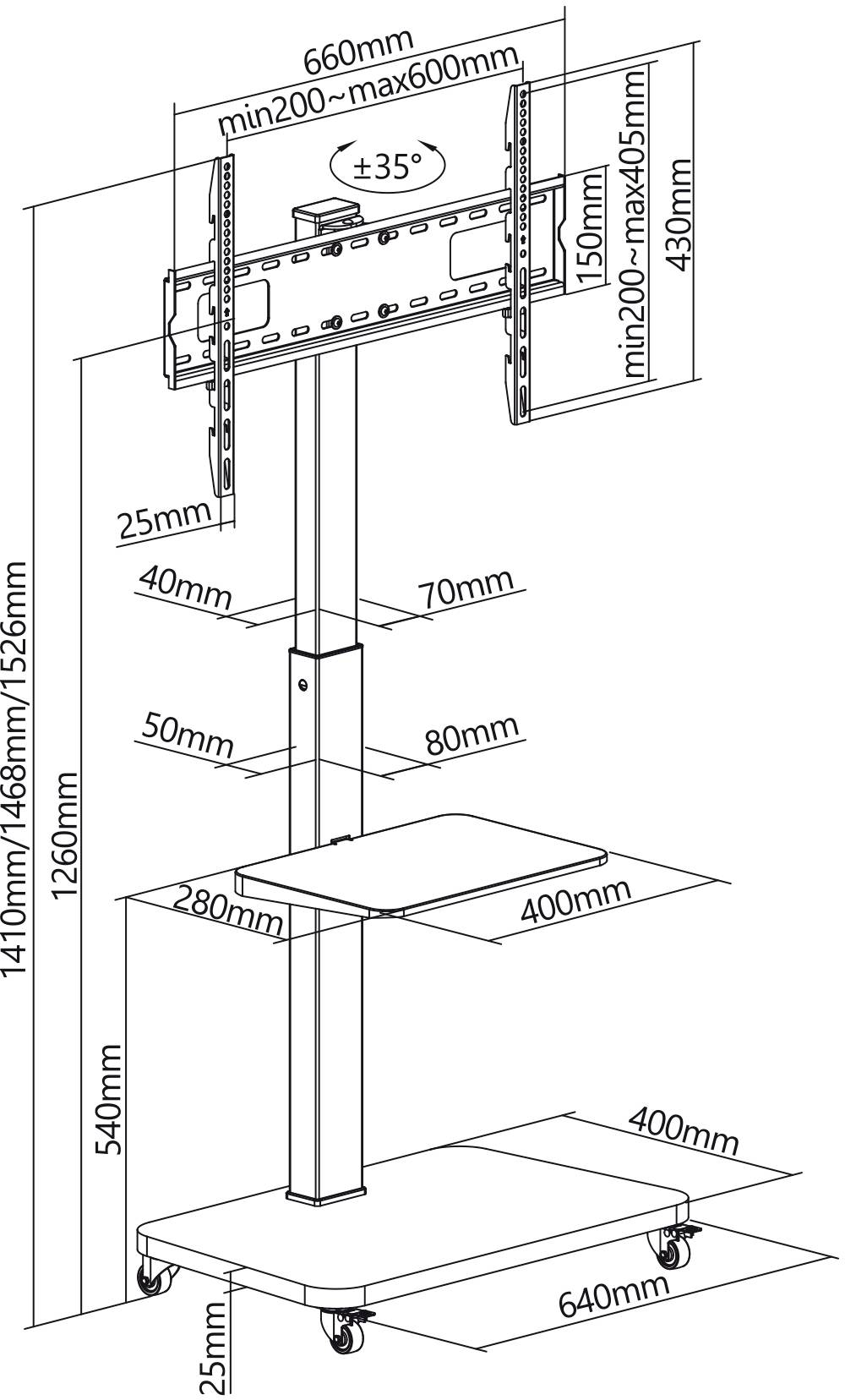 Un diagramme présente un support de télévision réglable. Les dimensions sont détaillées : largeur totale de 660 mm, hauteur ajustable entre 1260 mm et 1526 mm. Comprend des roulettes pour la mobilité.