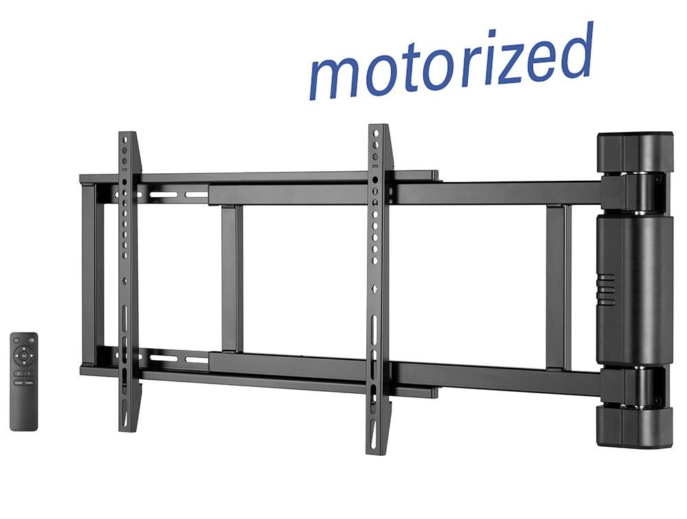Support mural motorisé pour TV avec télécommande, présentant des bras extensibles pour un positionnement flexible et une vue optimale de l'écran.