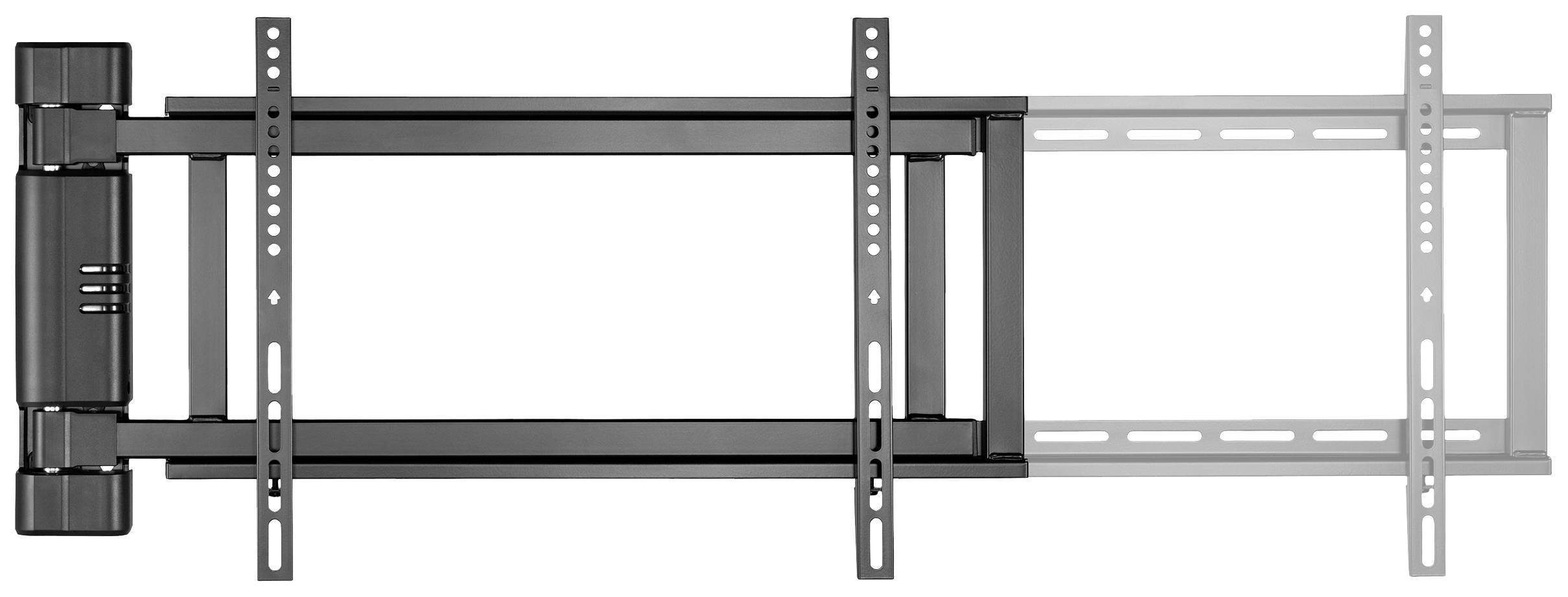 Sur l'image, on peut voir un support mural télescopique pour téléviseur, robuste et réglable en longueur, idéal pour des positions de TV flexibles.