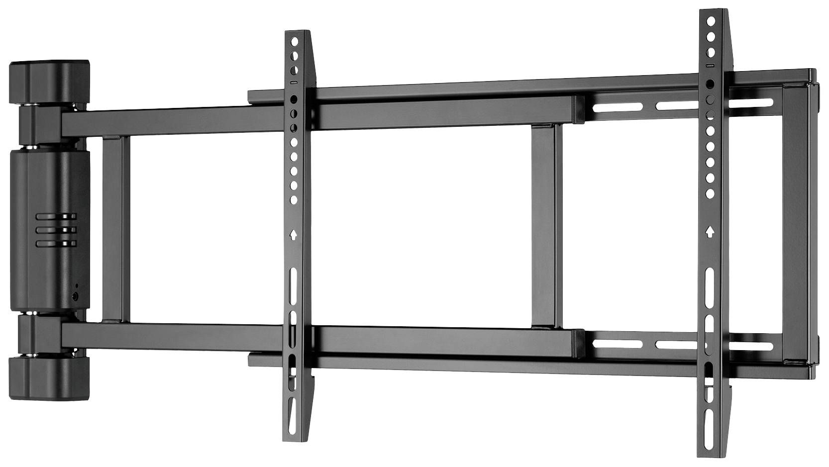 Support mural TV noir avec bras articulé et plusieurs trous de fixation. Adapté aux différentes tailles d'écran.