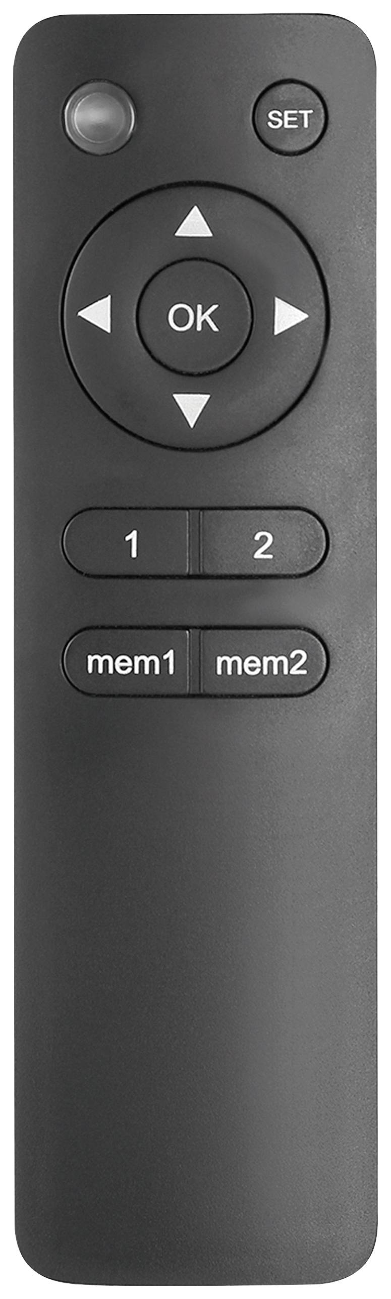 Télécommande noire avec des touches 'OK', 'SET', touches fléchées et quatre boutons numérotés.