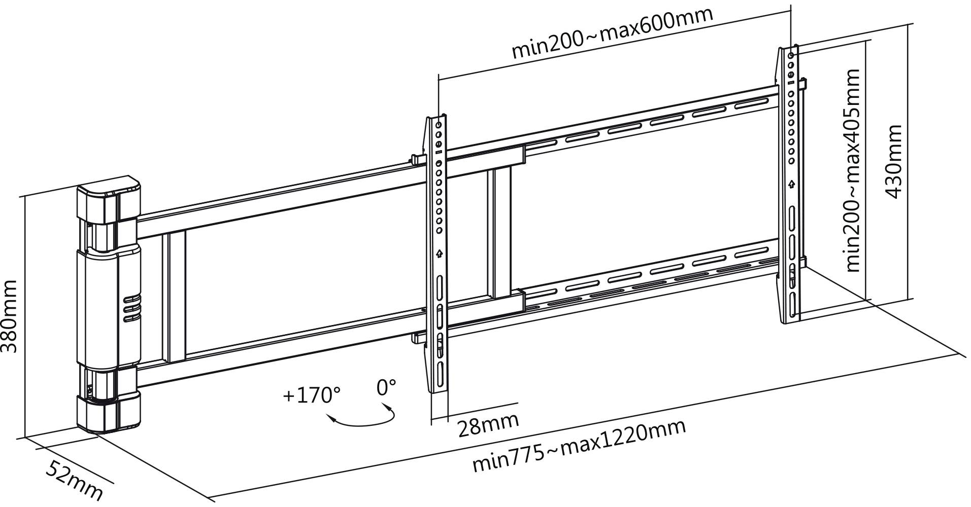 Un dessin technique d'un support mural téléviseur réglable. Dimensions : largeur de 775 à 1220 mm, hauteur de 200 à 405 mm, profondeur de 52 à 380 mm.