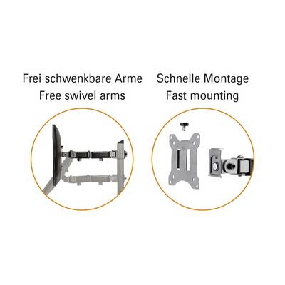'Bras pivotants' montre un bras d'écran mobile. 'Montage rapide' illustre une disposition de support mural simple.