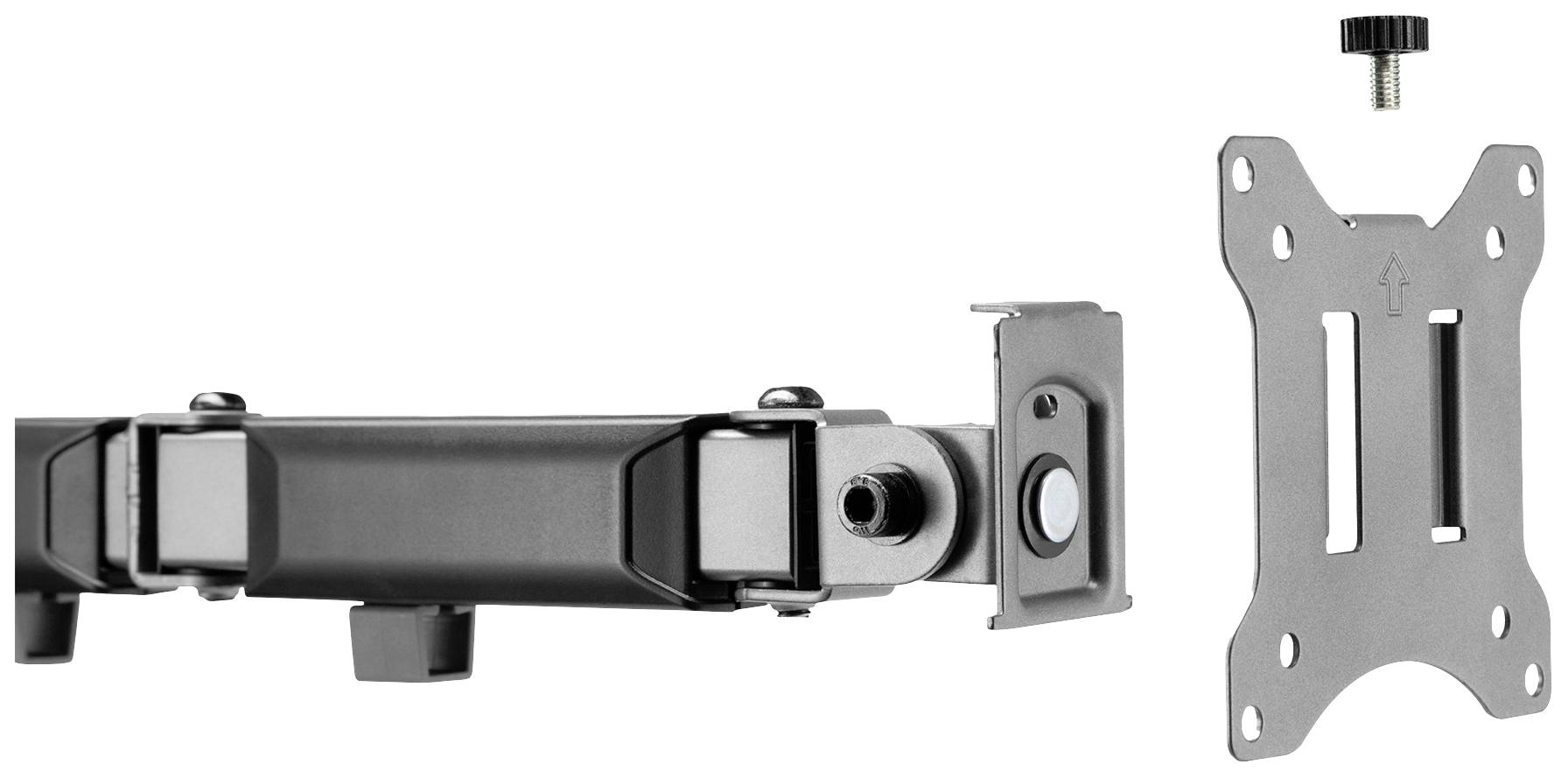 Un ensemble de support de moniteur présente les pièces pour la fixation murale d'un écran, comprenant le support, les vis et le connecteur.