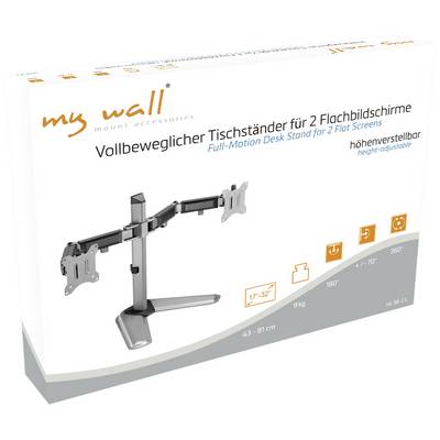 Support de table entièrement mobile pour deux écrans plats, réglable en hauteur. Adapté aux écrans de 17'' à 32''.